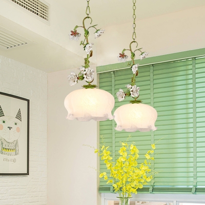1-Light White Glass Pendant Lamp Korean Garden Green Scalloped Dining Room Hanging Light with Flower Design