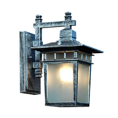 Aged Silver 1 Bulb Wall Mounted Light Rustic Translucent Glass Lantern Sconce Lamp