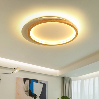 Beige Ring Flush Mount Lighting Minimalist LED Wood Close to Ceiling Lamp for Living Room, 16