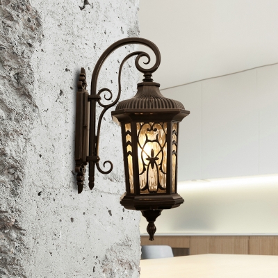 Black 1-Light Wall Mount Fixture Rustic Metal Lantern Sconce Lighting with Water Glass Shade
