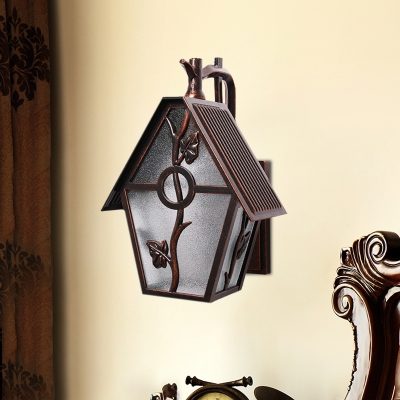 Copper 1 Head Wall Mount Sconce Country Style Seeded Glass House Shape Wall Lighting