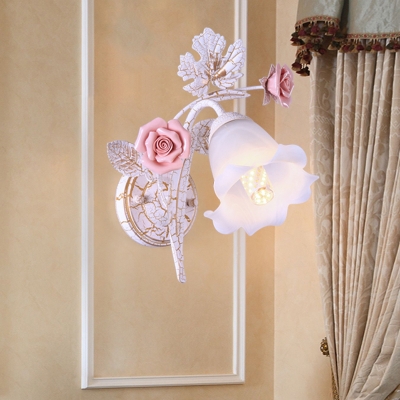 Countryside Blossom Wall Lamp Sconce 1/2-Bulb White Glass Wall Lighting Fixture for Living Room