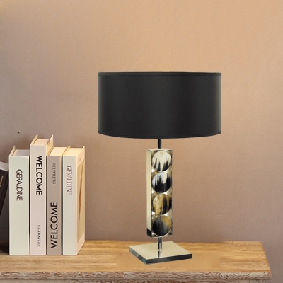 Cylindrical Table Lighting Contemporary Fabric 1 Light Bedroom Nightstand Light in Black with Circle Design
