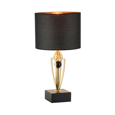 Drum Fabric Night Table Light Nordic 1-Head Black Nightstand Lamp with Geometric Metal Base