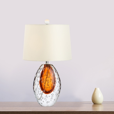 Fabric Cone Night Table Lamp Simple 1-Bulb White Nightstand Lighting with Oval Bubble Glaze Base