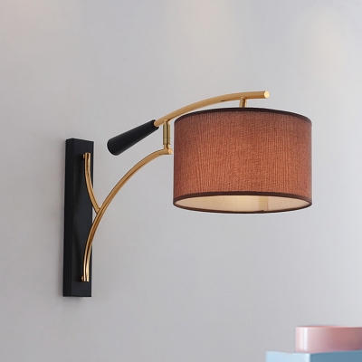 Fabric Cylindrical Sconce Lighting Modernist 1-Light Wall Mount Lamp in Coffee/Flaxen with Fishing-Rod Arm