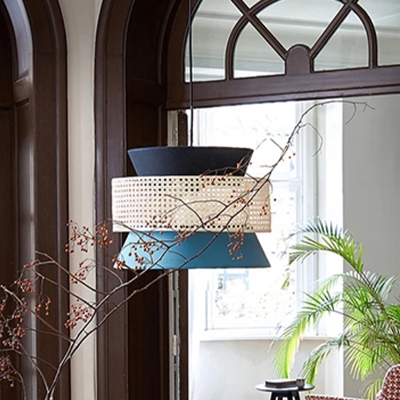 Fabric Hourglass Pendant Light Fixture Modernism 1 Head Hanging Lamp Kit in Black and Blue with Drum Rattan Detail