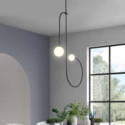Globe Hanging Chandelier Minimal Opal Glass 2 Heads Living Room Pendant Light Fixture in Black with Twist Design