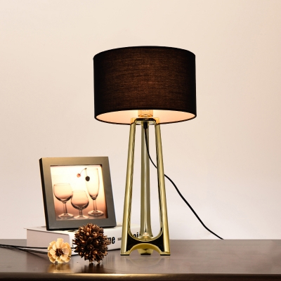Gold Drum Nightstand Lighting Postmodern 1 Bulb Fabric Night Table Lamp with Metal Tripod