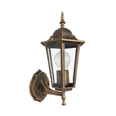 Hexagon Outdoor Sconce Light Farmhouse Clear Glass 1-Bulb Antique Brass Wall Mount Lamp Fixture