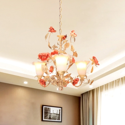 Light Tan Flower Chandelier Lighting Romantic Pastoral White Glass 3 Bulbs Living Room Suspension Pendant