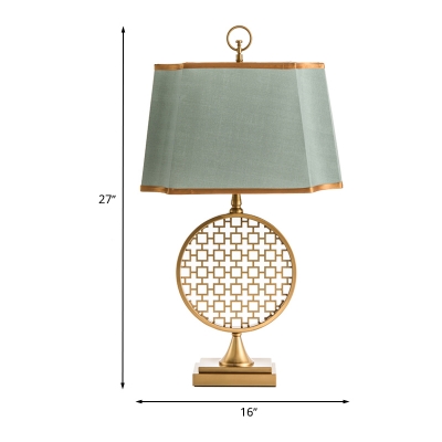 Metal Circle LED Nightstand Light Chinese Style 1 Light Gold Table Lamp with Green Fabric Shade