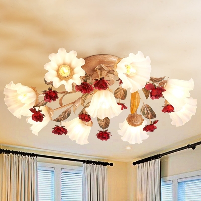 Milky Glass Scalloped Semi Mount Lighting American Flower 4/7/9 Heads Living Room Flushmount in Brown