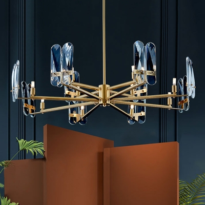 Radial Living Room Chandelier Light Fixture Blue Glass 8-Light Modern Down Lighting in Brass