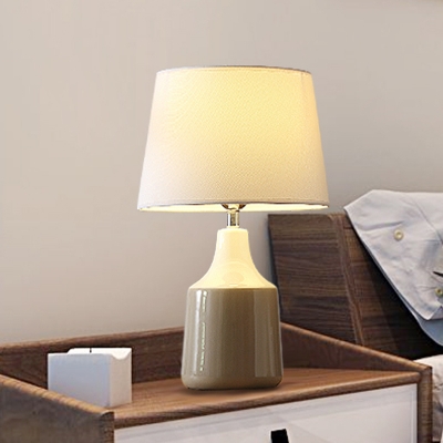 White and Grey/Brown Tapered Table Lamp Contemporary 1 Head Fabric Desk Light with Ceramic Base for Living Room