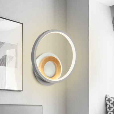 White Ring Wall Mount Sconce Modernist LED Acrylic Wall Light Fixture in White/Warm Light with Wood Detail
