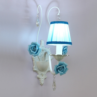 1/2-Head Fabric Sconce Light Pastoral White Pleated Shade Bedroom Wall Lighting with Ceramic Rose Decor