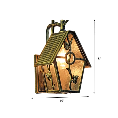 1-Light Wall Light Fixture Farmhouse Outdoor Wall Mount Lamp with House Shape Clear/Frosted/Ribbed Glass Shade in Bronze