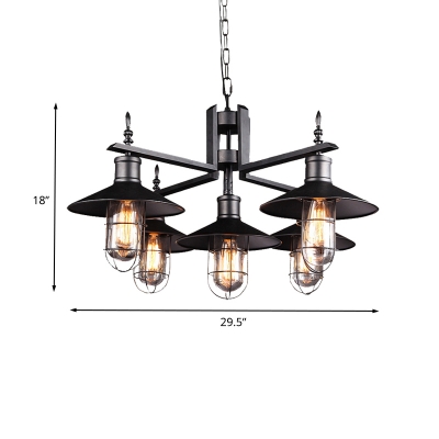 6 Bulbs Chandelier Pendant Light Industrial Wide Flared Metal Caged Hanging Lamp in Black with Clear Glass Shade