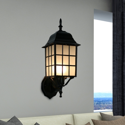 Aluminum Black Wall Sconce Cuboid 1-Light Farmhouse Wall Mount Fixture with Frosted Glass Shade