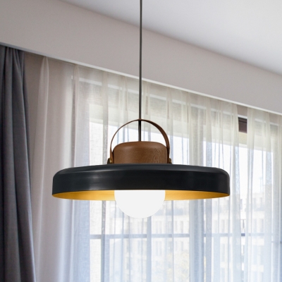 Black Flat Barn Pendant Light Fixture Modern Nordic 1-Bulb Metal Hanging Ceiling Lamp with Wood Handle