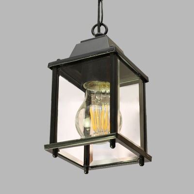 Clear Glass Black Hanging Light Countryside Cuboid 1 Head Balcony Ceiling Suspension Lamp