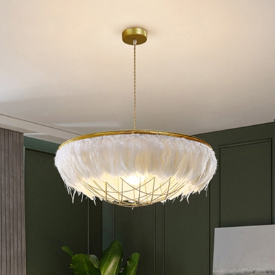 Dome Cage Metal Ceiling Chandelier 2 Bulbs Gold Hanging Light Kit with White Feather Deco, 16
