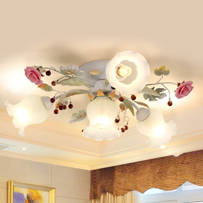 Flower Dining Room Semi Flush Light Korean Garden White Glass 4/6/9 Bulbs Pink Flush Mount Lamp
