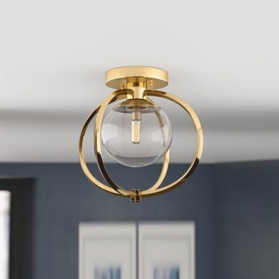 Globe Cage Semi Flush Mount Light Modern Metal 1 Head Gold LED Flush Ceiling Lamp with Clear Glass Shade
