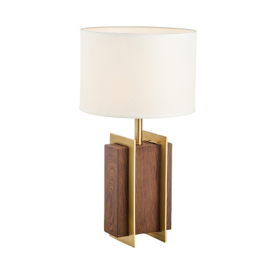 Rectangle Bedroom Metal Nightstand Light Wooden 1 Bulb Modern Table Lighting in Gold with Fabric Shade
