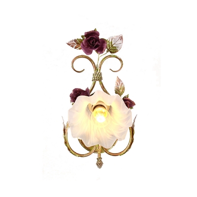 Scalloped Foyer Sconce Light Fixture Korean Flower Ivory Glass 1 Bulb Green Wall Lamp with Metal Scrolled Arm