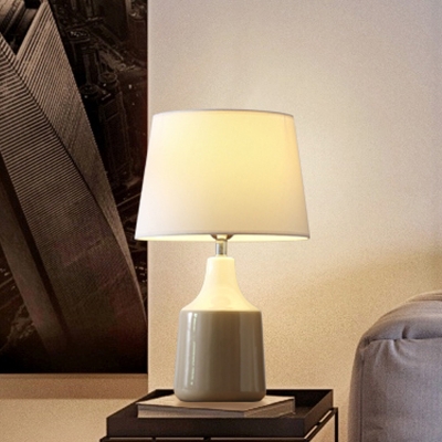 White and Grey/Brown Tapered Table Lamp Contemporary 1 Head Fabric Desk Light with Ceramic Base for Living Room