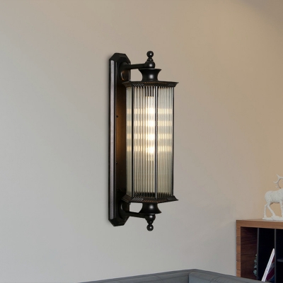 1 Bulb Clear Ribbed Glass Sconce Lighting Rustic Black Hexagon Outdoor Wall Mounted Lamp