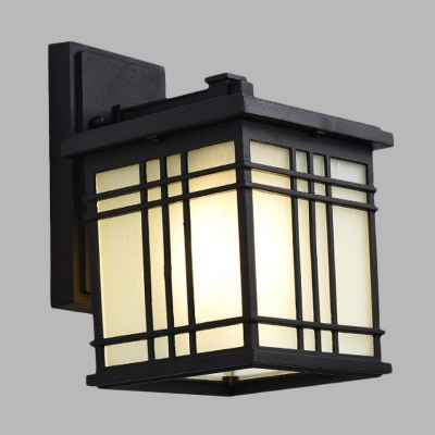 1-Light Wall Mount Sconce Lodges Outdoor Wall Light Fixture with Cuboid Opal Glass Shade in Black