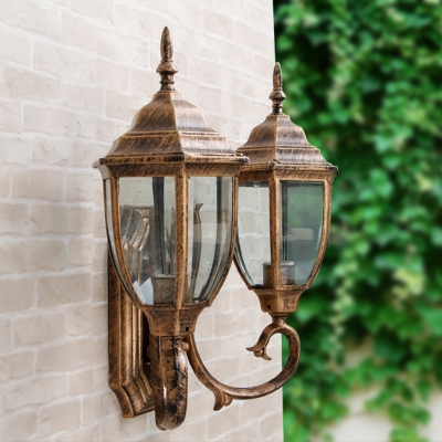 2 Lights Wall Light Fixture Farmhouse Urn Shaped Clear Glass Sconce Lamp in Rust with Swirl Arm
