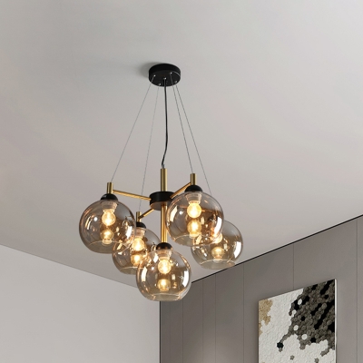 5 Bulbs Living Room Chandelier Lamp Modernist Black Hanging Ceiling Light with Global Amber/Smoke Gray Glass Shade
