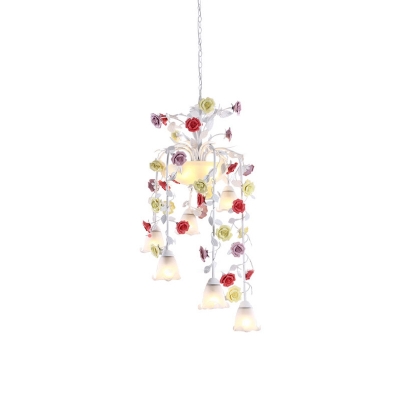 9 Lights White Glass Chandelier Lamp Countryside Multicolored Flower Stair Ceiling Pendant Light
