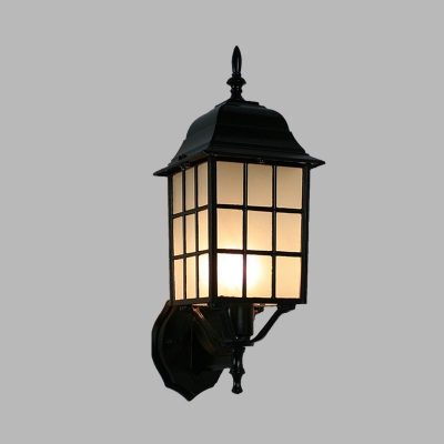 Aluminum Black Wall Sconce Cuboid 1-Light Farmhouse Wall Mount Fixture with Frosted Glass Shade