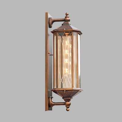 Brass 1-Bulb Wall Mount Fixture Rustic Clear Glass Lantern Sconce Lighting for Corridor