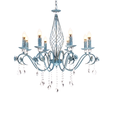 Candle Metal Suspension Lighting Pastoral 3/5/8 Bulbs Bedroom Pendant Chandelier in Blue with Clear Crystal Drop