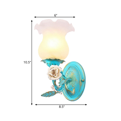 Scalloped Bedroom Wall Mount Light Romantic Pastoral Cream Glass 1/2-Bulb Blue Wall Sconce with Flower Decor
