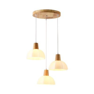 White Domed Hanging Lamp Contemporary 3 Bulbs Wood Cluster Pendant Light with Opal Glass Shade
