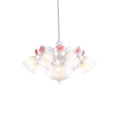 White Glass Bloom Ceiling Chandelier Pastoral Style 10 Bulbs Living Room Hanging Lamp Kit