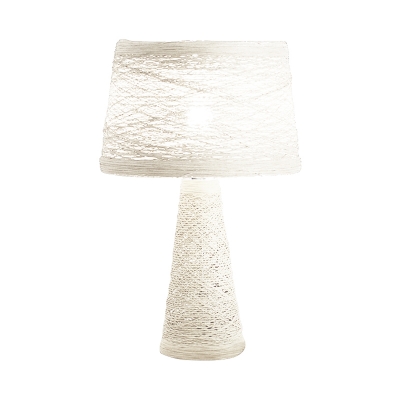 White/Tan Finish Barrel Reading Lamp Asian 1-Head Rattan Night Table Lighting for Study Room