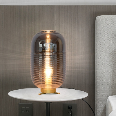 1 Head Bedroom Night Lamp Contemporary Gold Nightstand Light with Oval Smoke Gray Glass Shade
