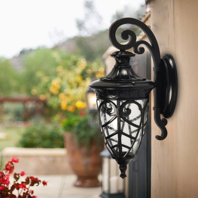 1 Head Wall Mount Light Rustic Outdoor Sconce Light Fixture with Urn Clear Seeded Glass Shade in Black