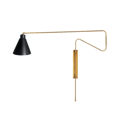 1 Light Long Curved Arm Sconce Industrial Coffee/Black/Gold Finish Metal Wall Lamp with Conical Shade