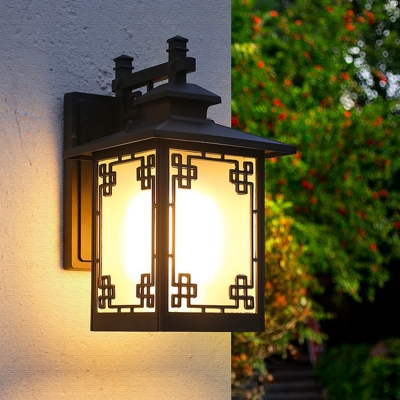 1-Light Sconce Light Fixture Rustic Window Dressing Milk Glass Outdoor Wall Lamp in Black