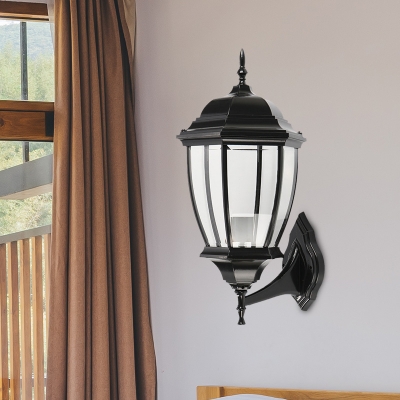 1-Light Sconce Lighting Lodges Outdoor Wall Mount with Urn Clear Glass Shade in Black