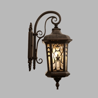 Black 1-Light Wall Mount Fixture Rustic Metal Lantern Sconce Lighting with Water Glass Shade